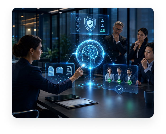 A governance team reviewing AI capability authority, evidence, and human approval steps on a shared display