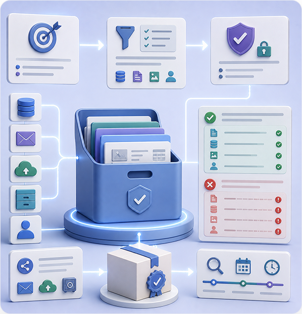 Permitted evidence selected by purpose and packaged, with included and excluded items shown side by side