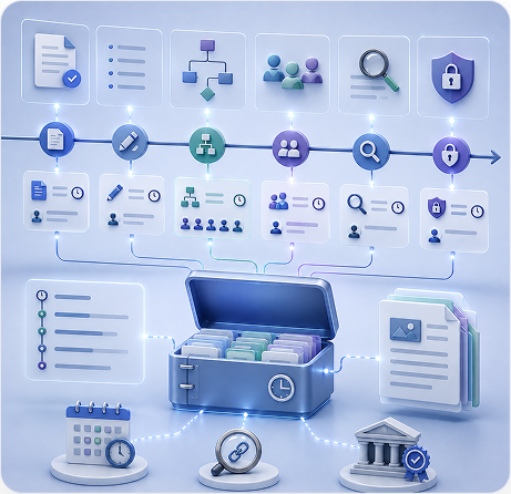 A review-history archive linking events, versions, and evidence over time