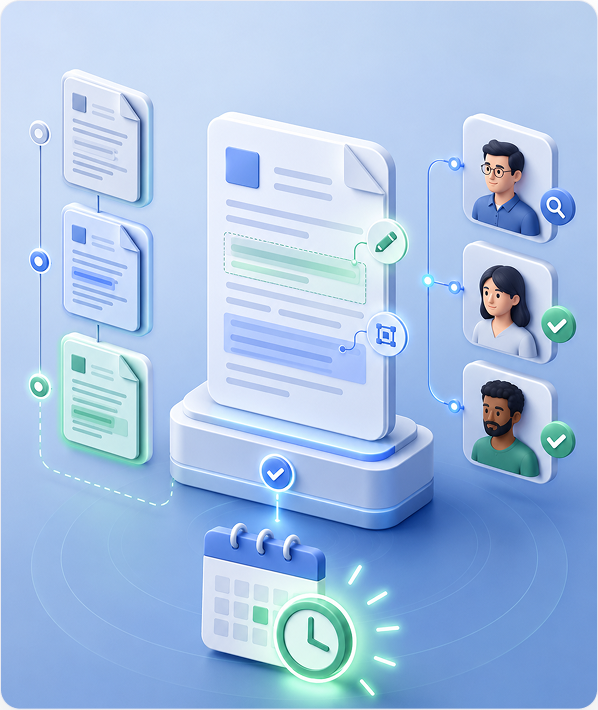 Record versions, reviewer actions, and effective dates linked as a single chronology