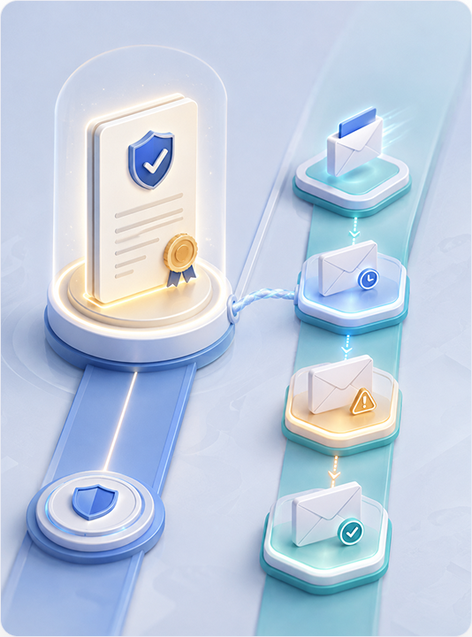 A sealed decision on one track, with generated, sent, failed, and delivered notice states on a separate track