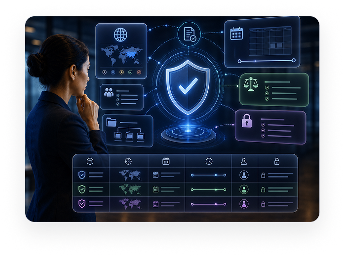 A compliance lead reviewing control mappings, assessment artifacts, and evidence records on a governance dashboard