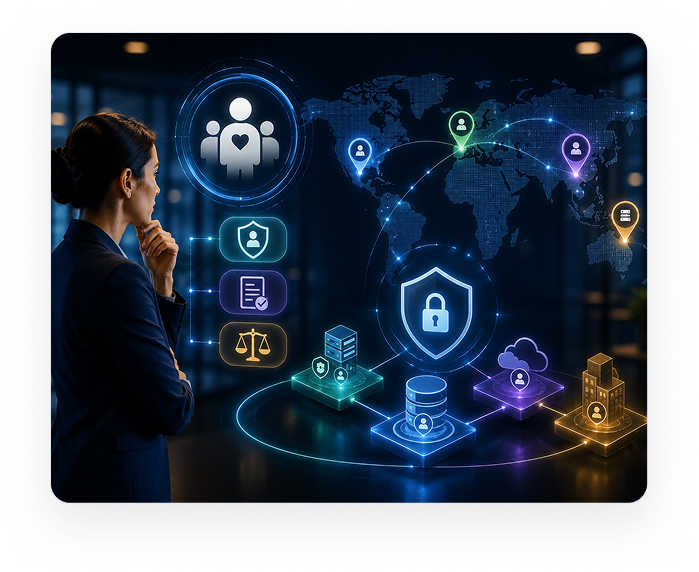 A governance lead reviewing storage, processing, access, and transfer locations across a global data map