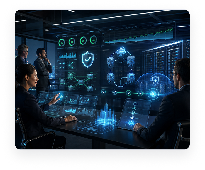 An operations team reviewing reliability telemetry, recovery evidence, and dependency health across the platform