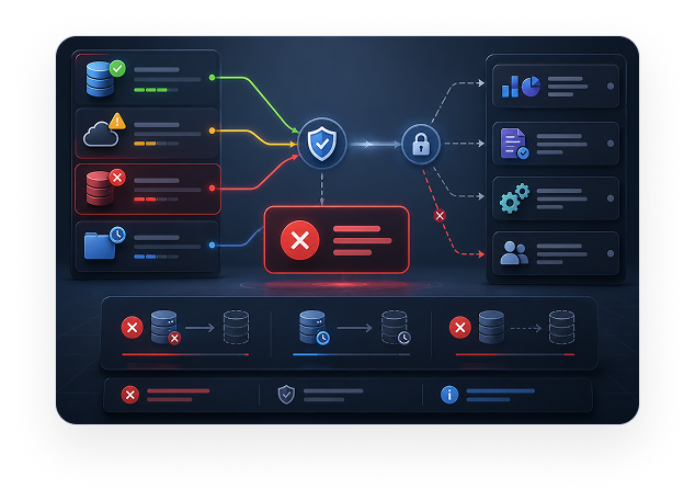 A connection health dashboard showing source status, freshness indicators, a failed exchange, and downstream destinations