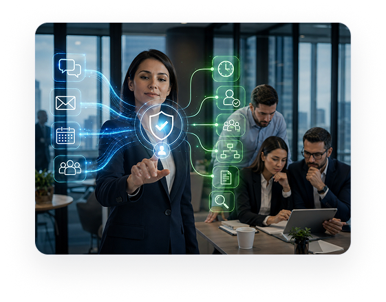 An administrator routing approved communication context into governed workforce operations while a team reviews it